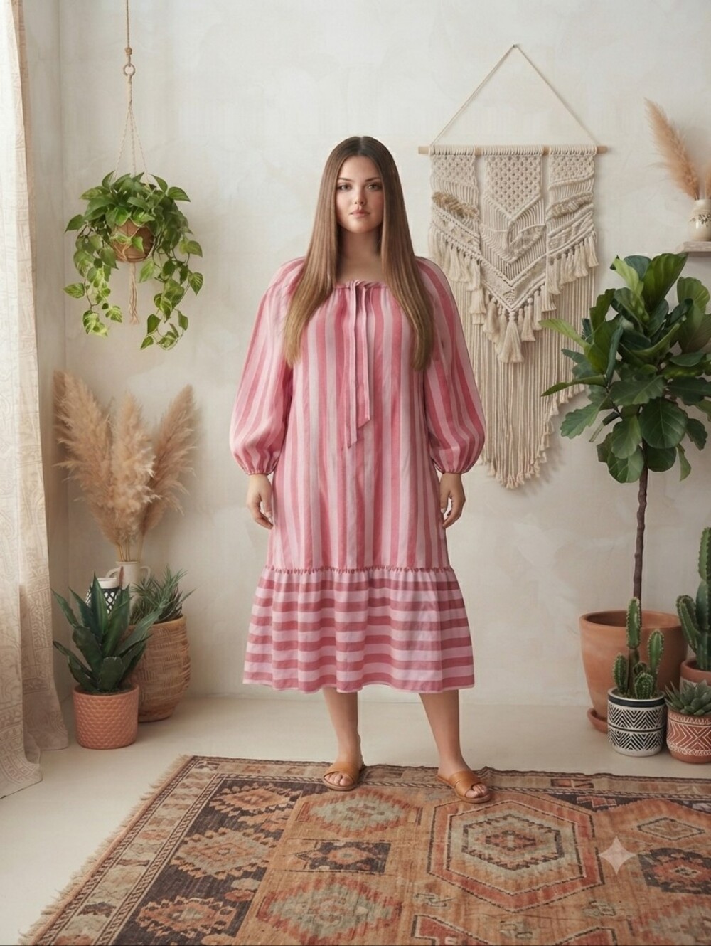 NWT Zoco Pink Striped Cottagecore Peasant Midi Dress 2XL